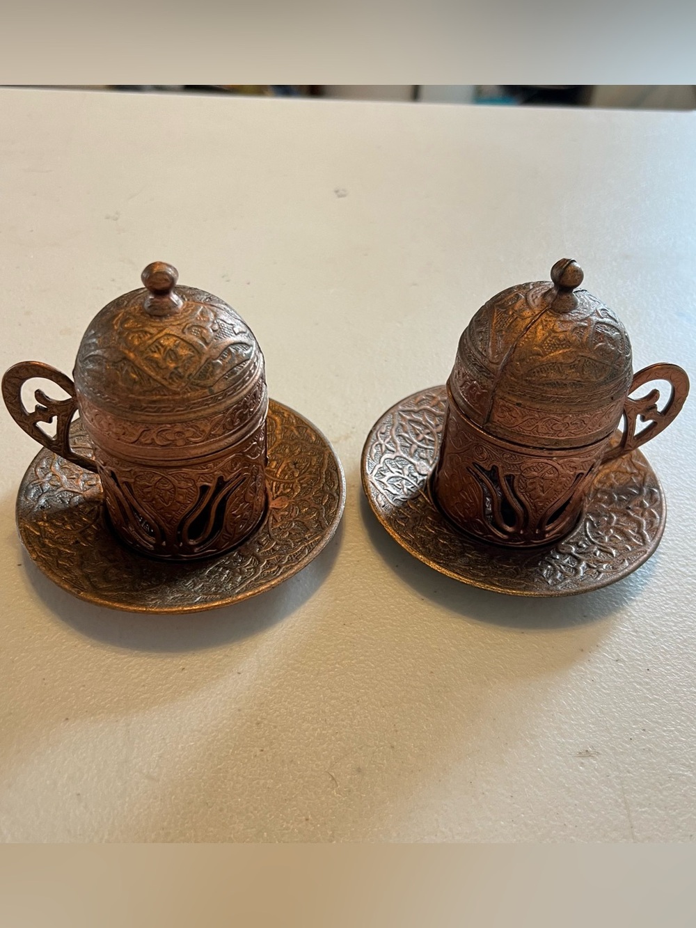 Vintage Turkish Copper Coffee Cups w/ Lids & Saucers Set of 2